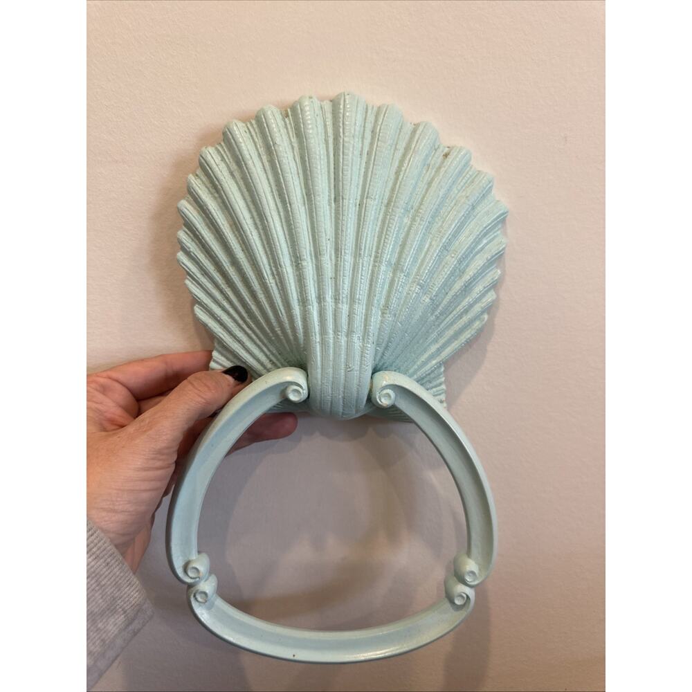 Vintage Homco Sea Shell Towel Ring Holder Light Blue Nautical Bath Beach Decor